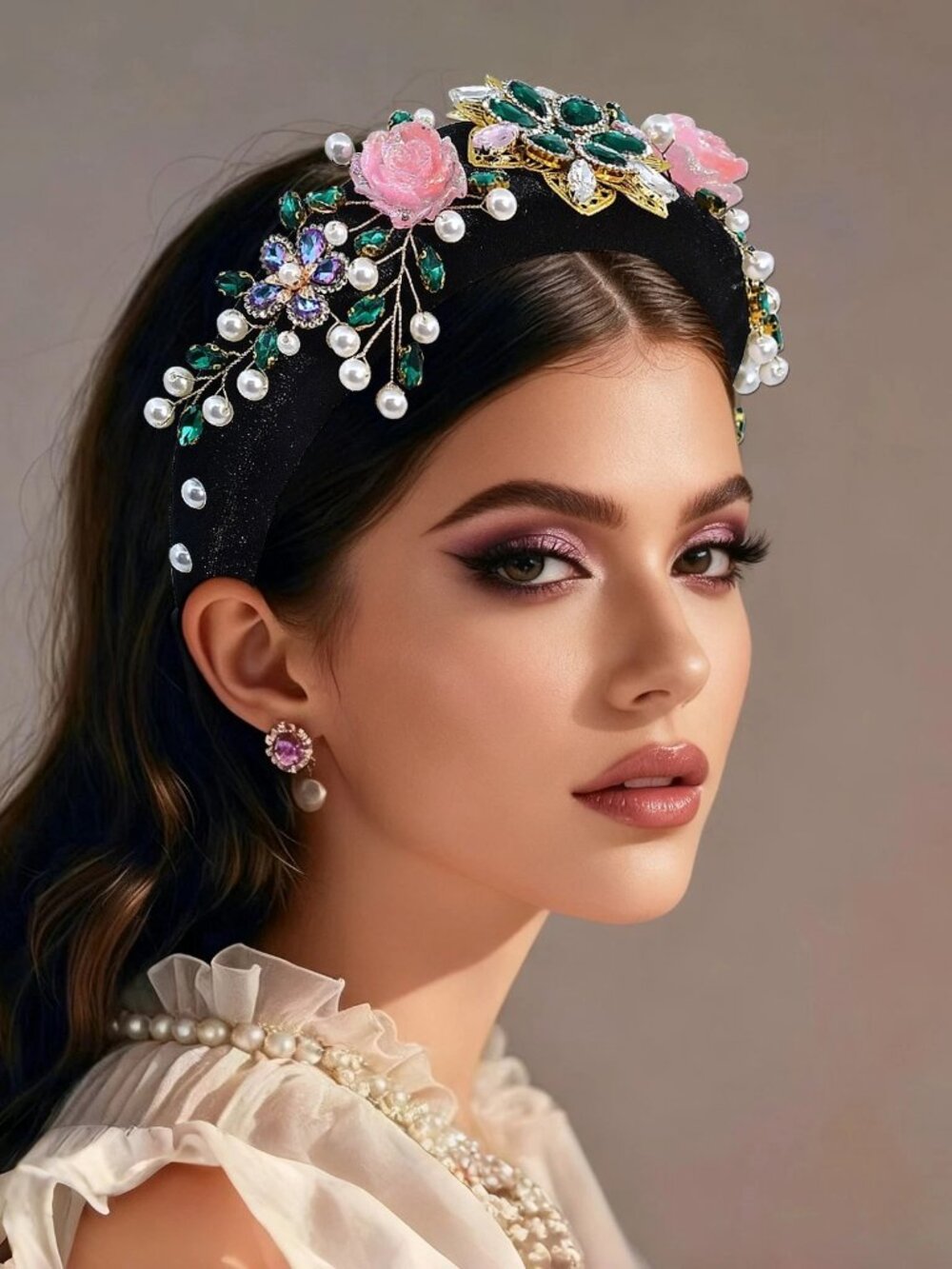 Jeweled Headband for Women, Emerald Green Crystal Flower and 3D Pink Rose Padded